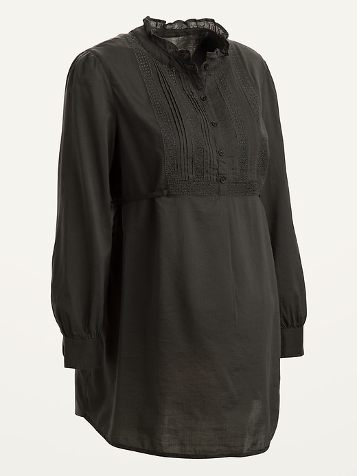 View large product image 1 of 1. Maternity Ruffled Pintucked-Yoke Tie-Back Popover Blouse