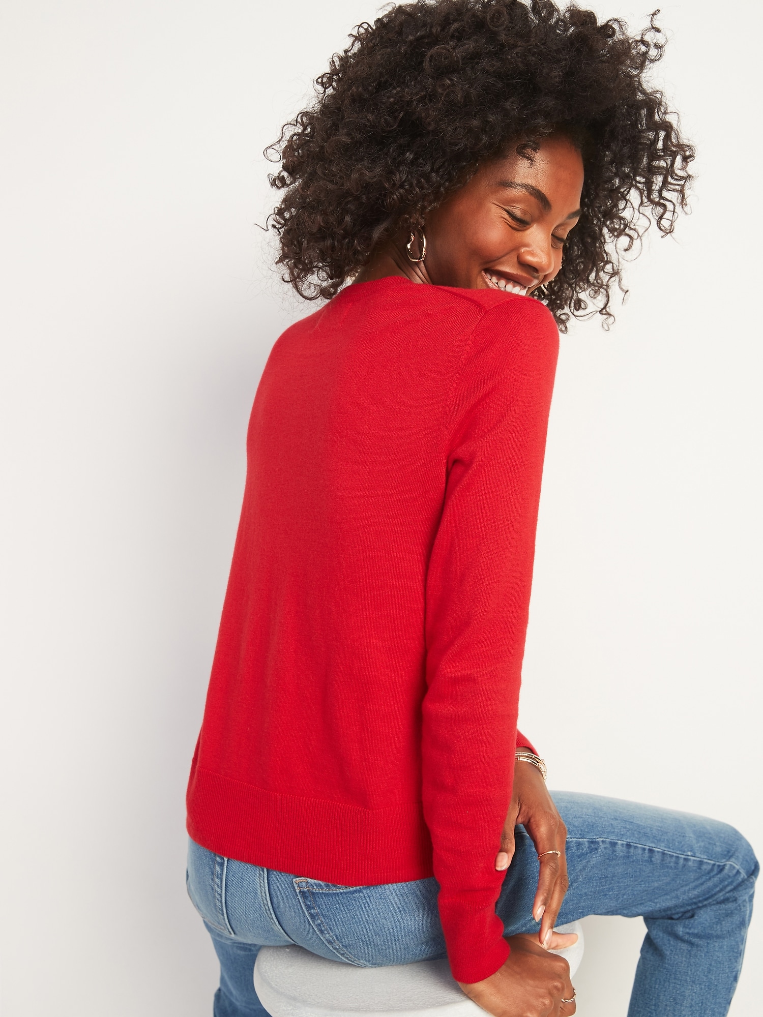 Red crew neck cardigan hot sale