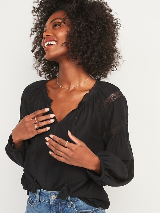 Image number 1 showing, Lace-Trim Tie-Neck Poet Blouse for Women