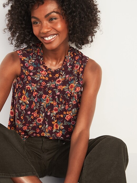 Image number 1 showing, Ruffled High-Neck Floral-Print Sleeveless Top for Women