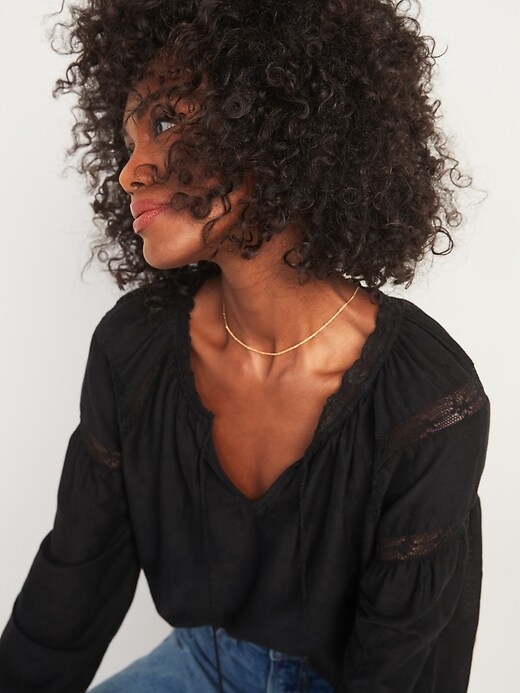 Image number 3 showing, Lace-Trim Tie-Neck Poet Blouse for Women