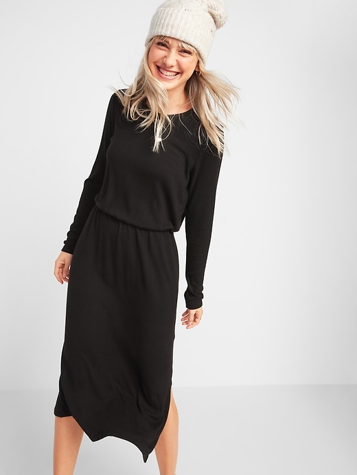 Image number 1 showing, Cozy Plush-Knit Waist-Defined Midi Dress