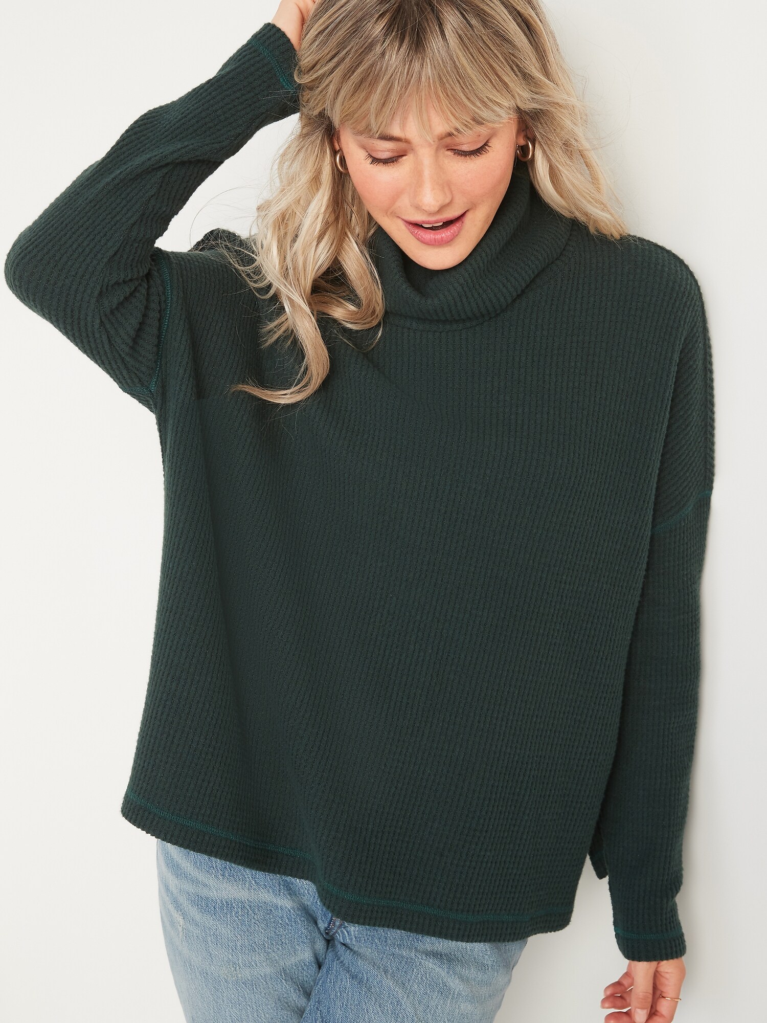 Oversized Cozy Thermal-Knit Cowl-Neck Long-Sleeve Top for Women