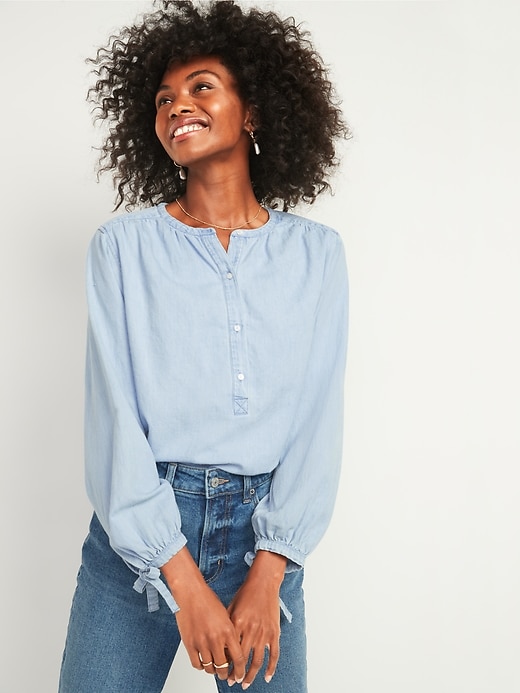 Image number 1 showing, Oversized Chambray Tie-Sleeve Poet Blouse for Women