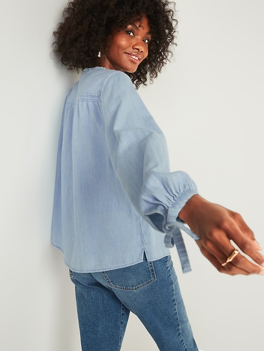 Image number 2 showing, Oversized Chambray Tie-Sleeve Poet Blouse for Women