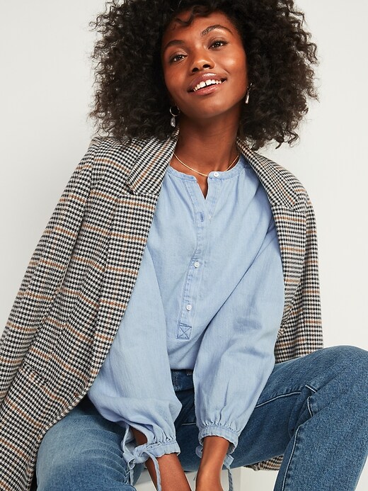 Image number 3 showing, Oversized Chambray Tie-Sleeve Poet Blouse for Women