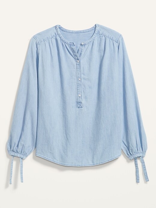 Image number 4 showing, Oversized Chambray Tie-Sleeve Poet Blouse for Women