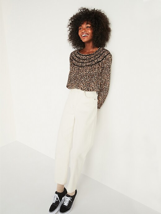 Image number 3 showing, Oversized Printed Ladder-Lace Yoke Blouse for Women