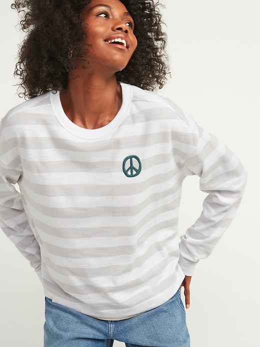 Image number 1 showing, Loose Thick-Knit Striped Embroidered Graphic Easy Long-Sleeve Tee for Women