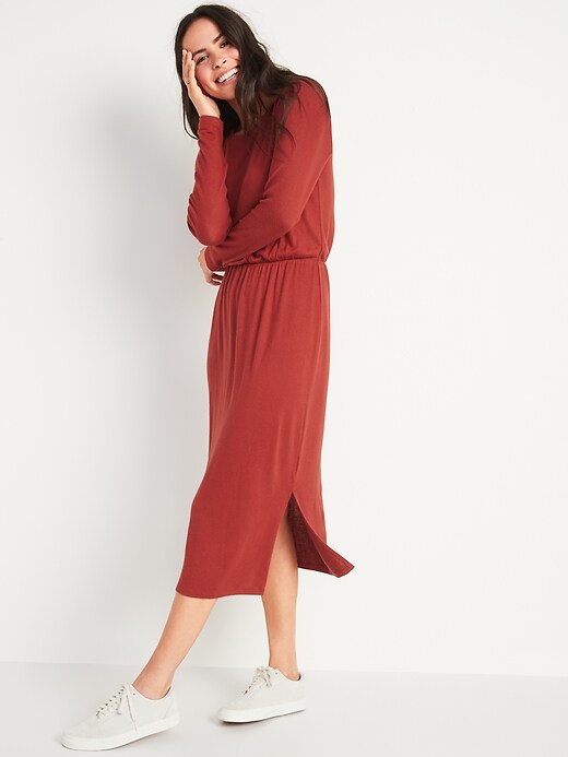 Waist-Defined Long-Sleeve Midi T-Shirt Dress | Old Navy