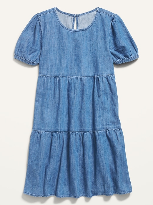 View large product image 1 of 2. Short-Sleeve Tiered Chambray Dress for Girls