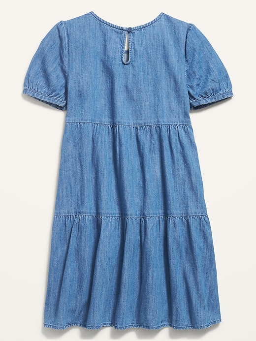 View large product image 2 of 2. Short-Sleeve Tiered Chambray Dress for Girls