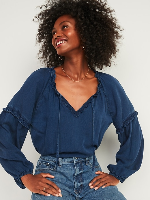Image number 1 showing, Ruffled Tie-Neck Chambray Poet Blouse for Women