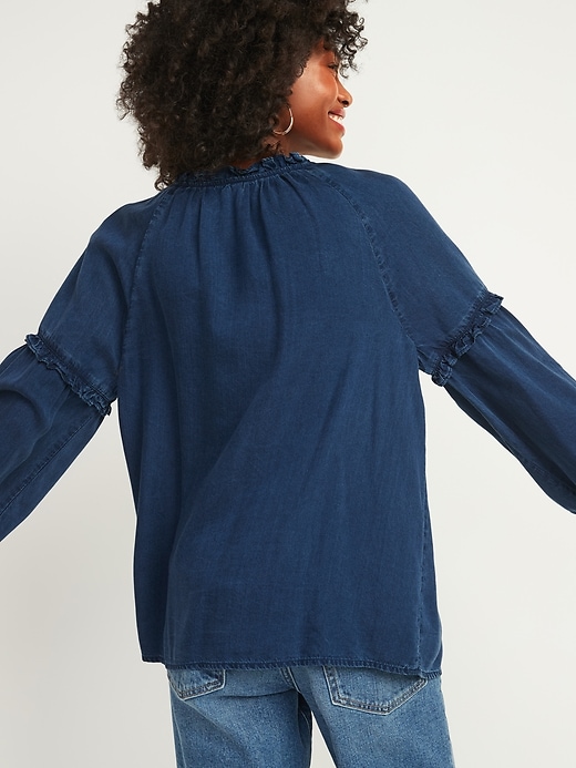 Image number 2 showing, Ruffled Tie-Neck Chambray Poet Blouse for Women