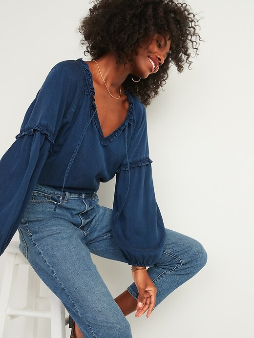 Image number 3 showing, Ruffled Tie-Neck Chambray Poet Blouse for Women