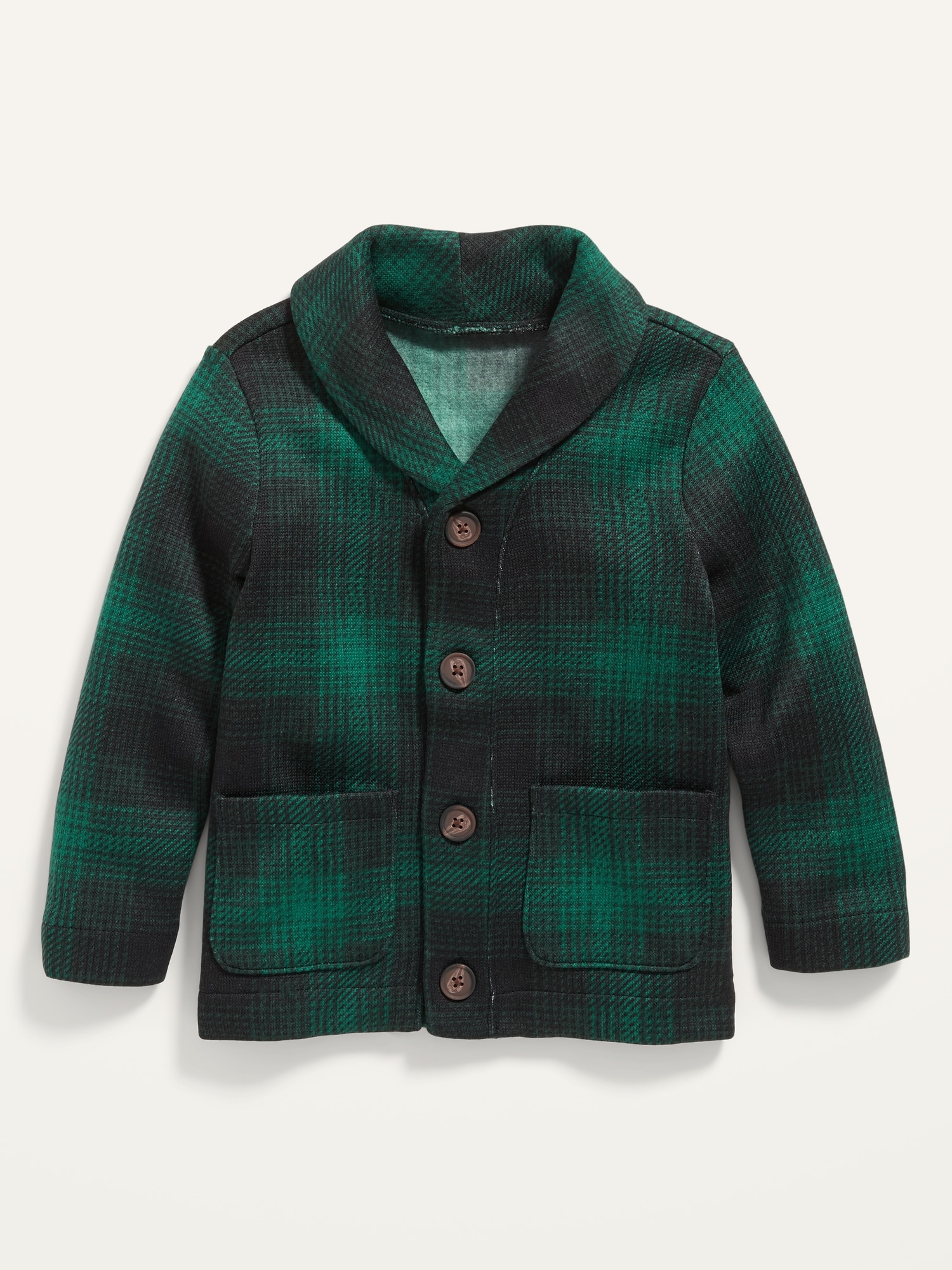 Shawl-Collar Sweater-Knit Plaid Cardigan for Toddler Boys