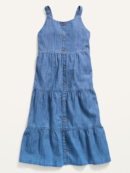 View large product image 1 of 2. Sleeveless Tiered Chambray Midi Dress for Girls