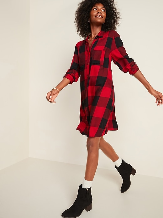 View large product image 1 of 3. Plaid Twill Swing Shirt Dress for Women