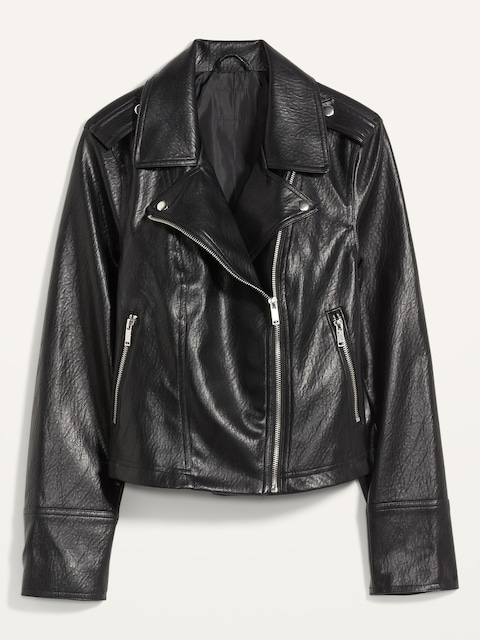 Faux-Leather Zip-Pocket Moto Jacket for Women