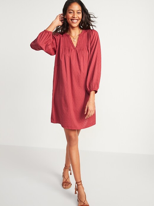 Split-Neck Textured Clip-Dot Midi Swing Dress for Women | Old Navy