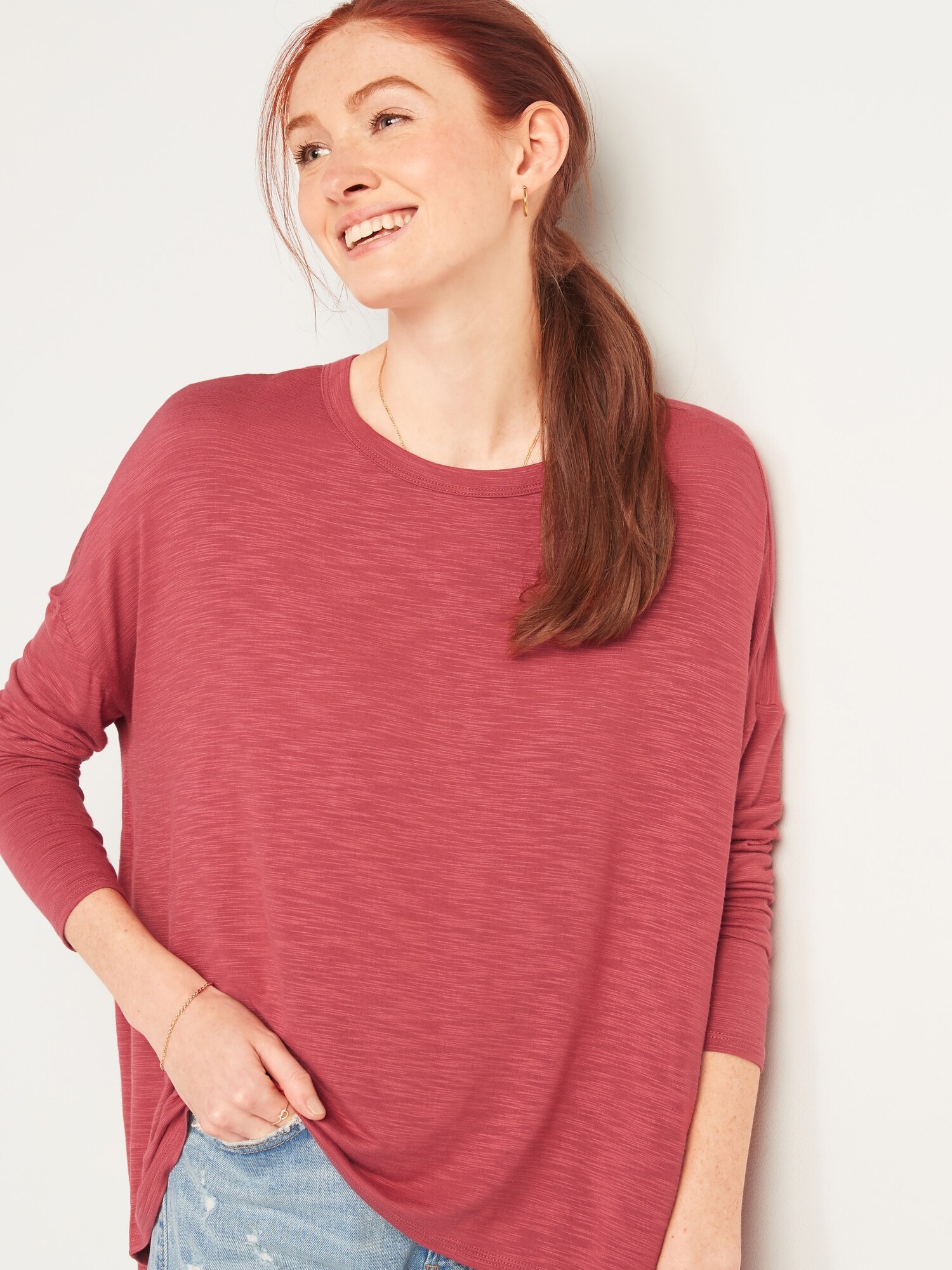 Luxe Oversized Slub Knit Long Sleeve Tee For Women Old Navy 