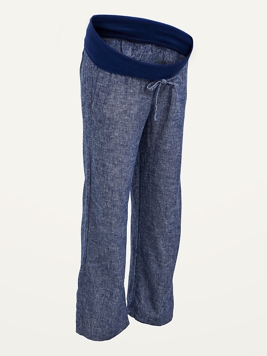 View large product image 1 of 1. Maternity Rollover-Waist Linen-Blend Pants