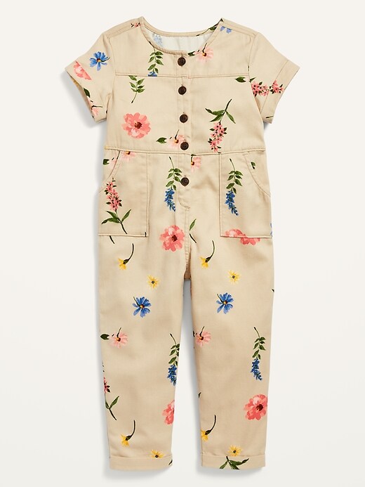 View large product image 1 of 1. Short-Sleeve Twill Utility Jumpsuit for Toddler Girls