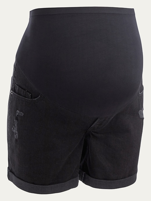 View large product image 1 of 1. Maternity Full-Panel Boyfriend Black Ripped Jean Shorts -- 5-inch inseam