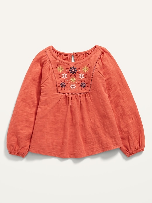 View large product image 1 of 2. Vintage Embroidered Raglan Slub-Knit Top for Toddler Girls