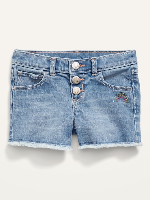 View large product image 1 of 2. Rainbow-Stitch Snap-Fly Cut-Off Jean Shorts for Toddler Girls
