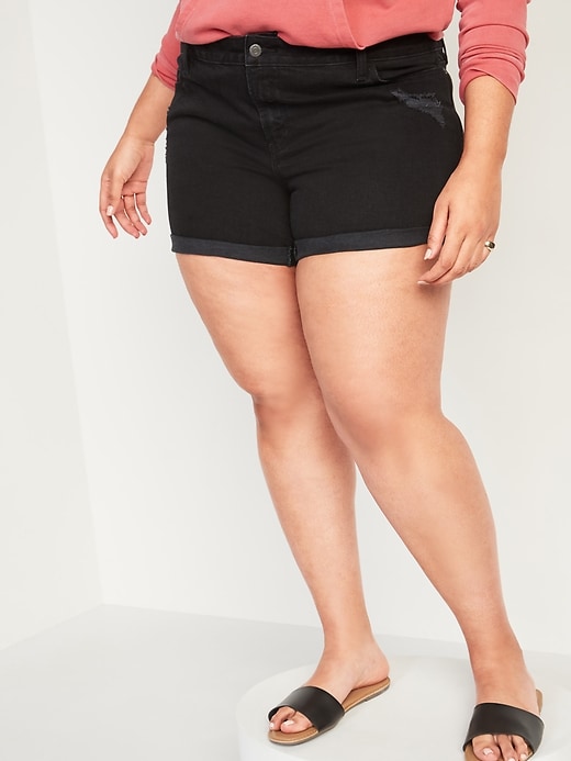 Image number 1 showing, Mid-Rise Boyfriend Plus-Size Black Ripped Jean Shorts -- 5-inch inseam