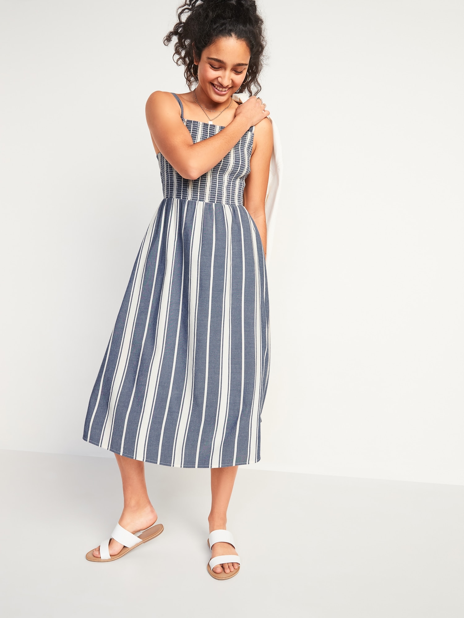 Blue and white striped midi dress hotsell