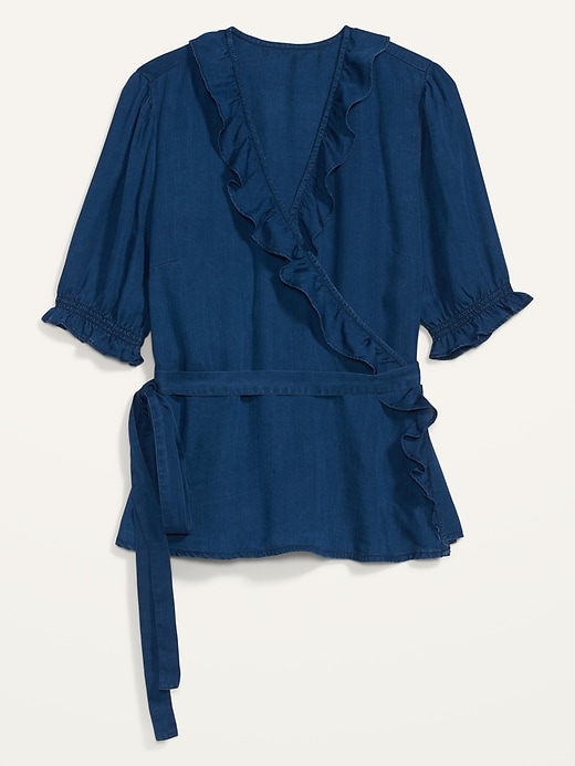 View large product image 1 of 1. Ruffled Chambray Tie-Belt Wrap Top for Women