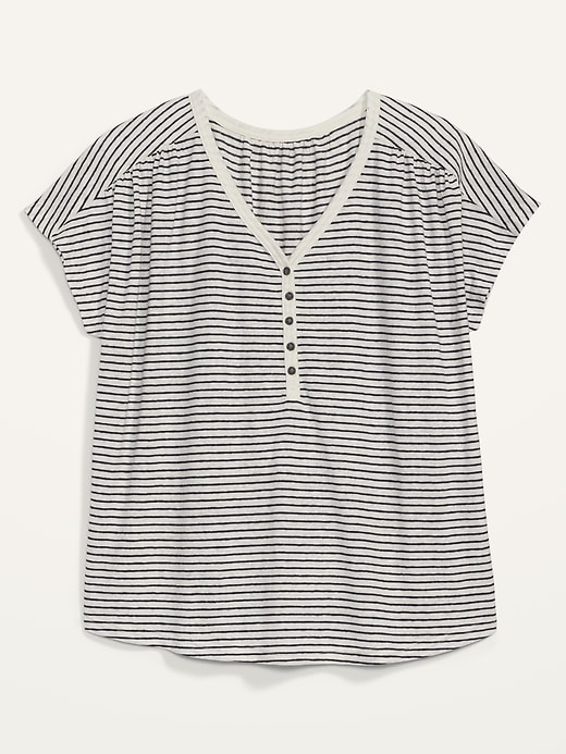 View large product image 1 of 1. Loose V-Neck Linen-Blend Plus-Size Henley Tee