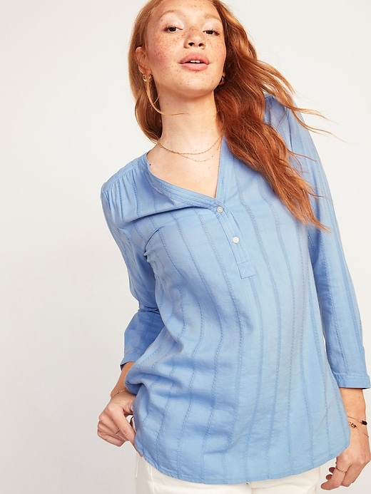View large product image 1 of 3. Textured Dobby-Stripe Split-Neck Tunic Top for Women