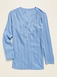 View large product image 3 of 3. Textured Dobby-Stripe Split-Neck Tunic Top for Women