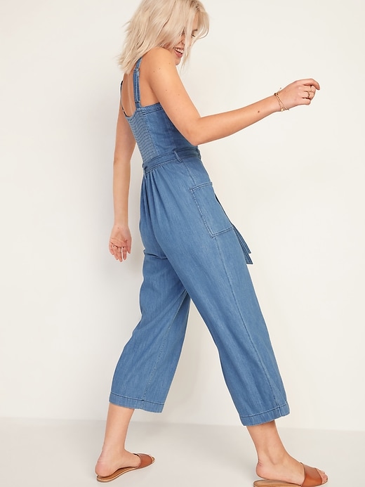 Image number 2 showing, Sleeveless Chambray Tie-Belt Utility Jumpsuit for Women