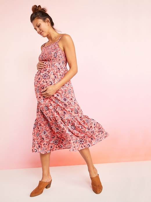 View large product image 1 of 2. Maternity Floral-Print Smocked-Bodice Cami Midi Dress