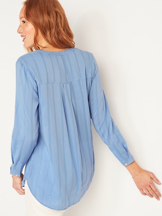 View large product image 2 of 3. Textured Dobby-Stripe Split-Neck Tunic Top for Women