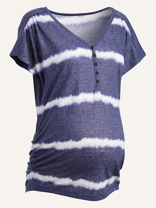 View large product image 1 of 1. Maternity V-Neck Linen-Blend Side-Shirred Henley Tee