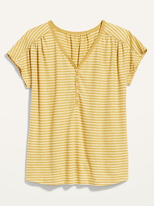 Loose V-Neck Linen-Blend Henley T-Shirt for Women