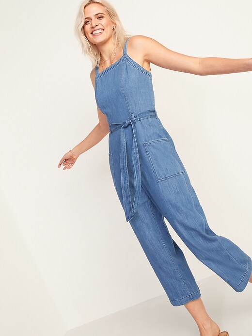 Image number 1 showing, Sleeveless Chambray Tie-Belt Utility Jumpsuit for Women
