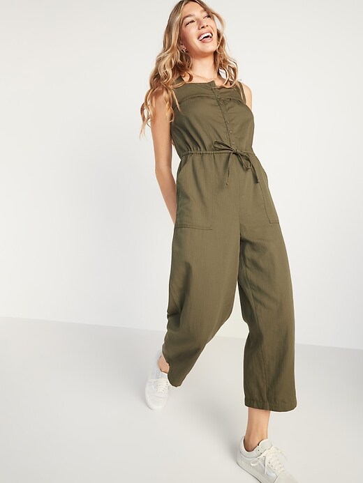 Image number 1 showing, Tie-Waist Twill Sleeveless Jumpsuit for Women
