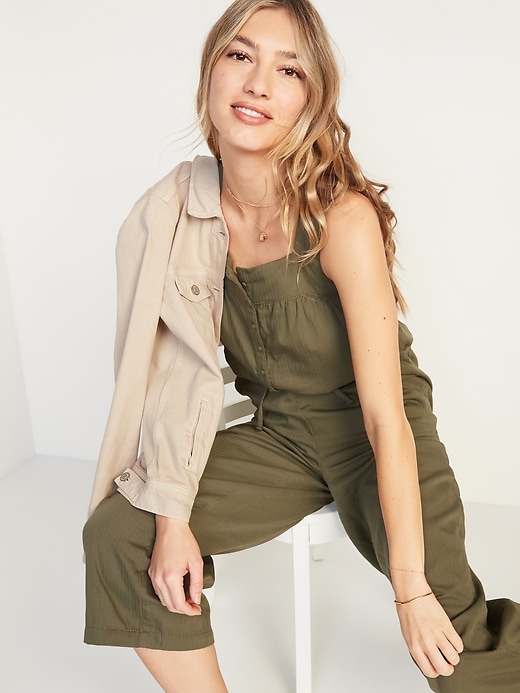Image number 3 showing, Tie-Waist Twill Sleeveless Jumpsuit for Women