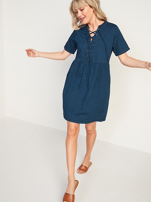 Image number 1 showing, Lace-Up Medium-Wash Jean Shift Dress for Women