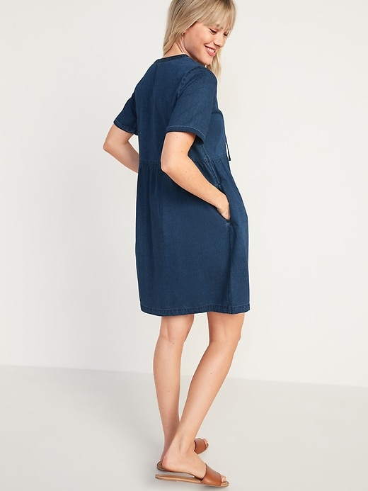 Image number 2 showing, Lace-Up Medium-Wash Jean Shift Dress for Women