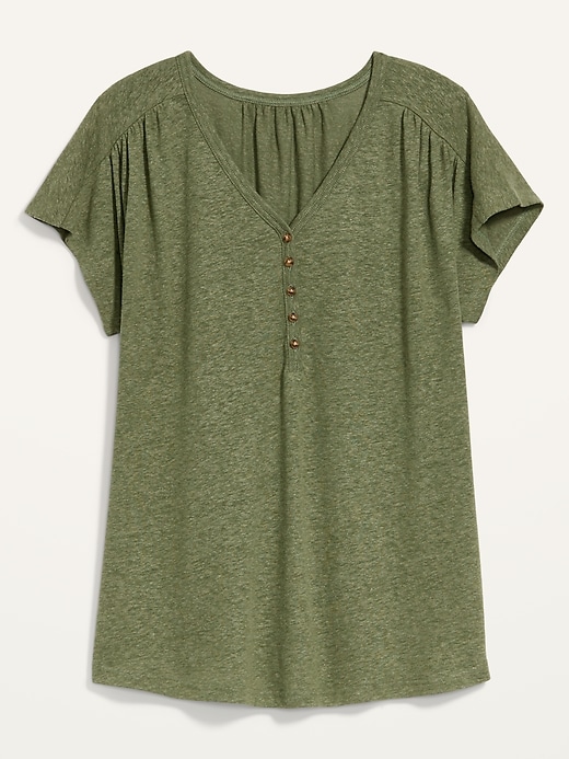 View large product image 2 of 2. Loose V-Neck Linen-Blend Henley T-Shirt for Women
