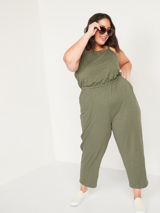 View large product image 1 of 1. Waist-Defined Cropped Slub-Knit Plus-Size Cami Jumpsuit