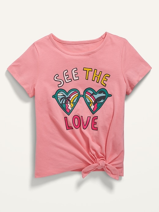 View large product image 1 of 2. Short-Sleeve Tie-Front Graphic Tee for Girls