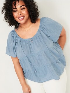 Tiered Embroidered Tie-Back Plus-Size Top